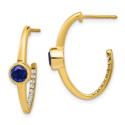 14K Gelbgold Ohrringe mit gezüchtetem Saphir und echten Diamanten, J-Creolen