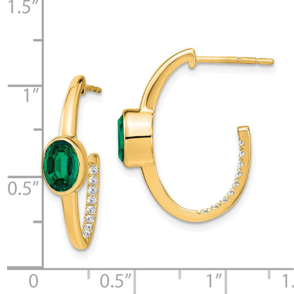 14K Gelbgold Creolen in J-Form mit ovalem synthetischem Smaragd und echtem Diamant