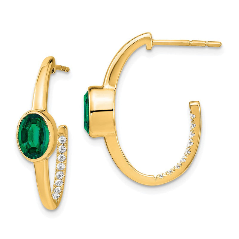 14K Gelbgold Creolen in J-Form mit ovalem synthetischem Smaragd und echtem Diamant
