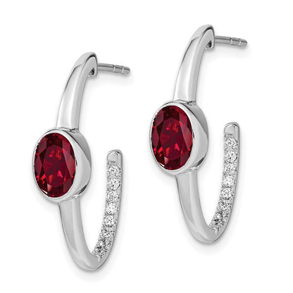 14K Weißgold Ohrringe mit ovalem synthetischem Rubin und echten Diamanten, J-Creolen