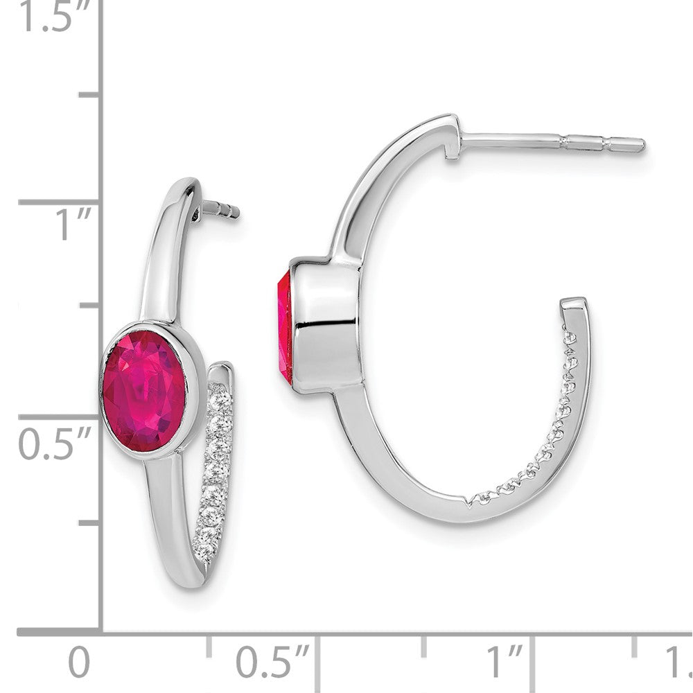 14K Weißgold Ohrringe mit ovalem synthetischem Rubin und echten Diamanten, J-Creolen