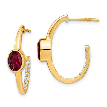 14K Gelbgold Ovale Creolen mit gezüchtetem Rubin und echten Diamanten (J-Form)