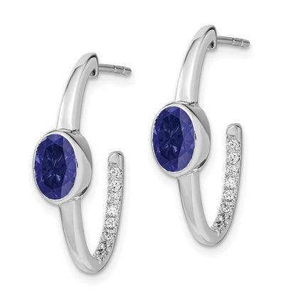 14K Weißgold J-Creolen-Ohrringe mit ovalem synthetischem Saphir und echtem Diamant