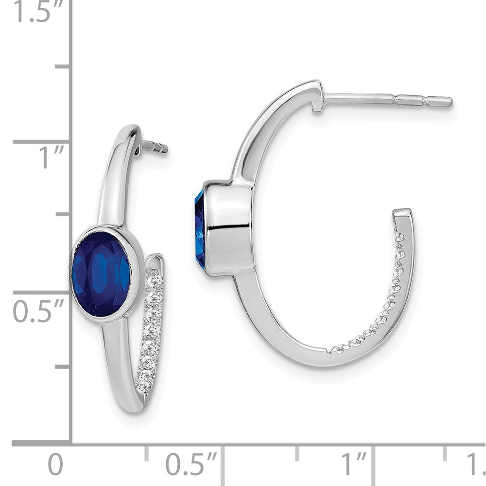 14K Weißgold J-Creolen-Ohrringe mit ovalem synthetischem Saphir und echtem Diamant