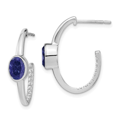 14K Weißgold J-Creolen-Ohrringe mit ovalem synthetischem Saphir und echtem Diamant