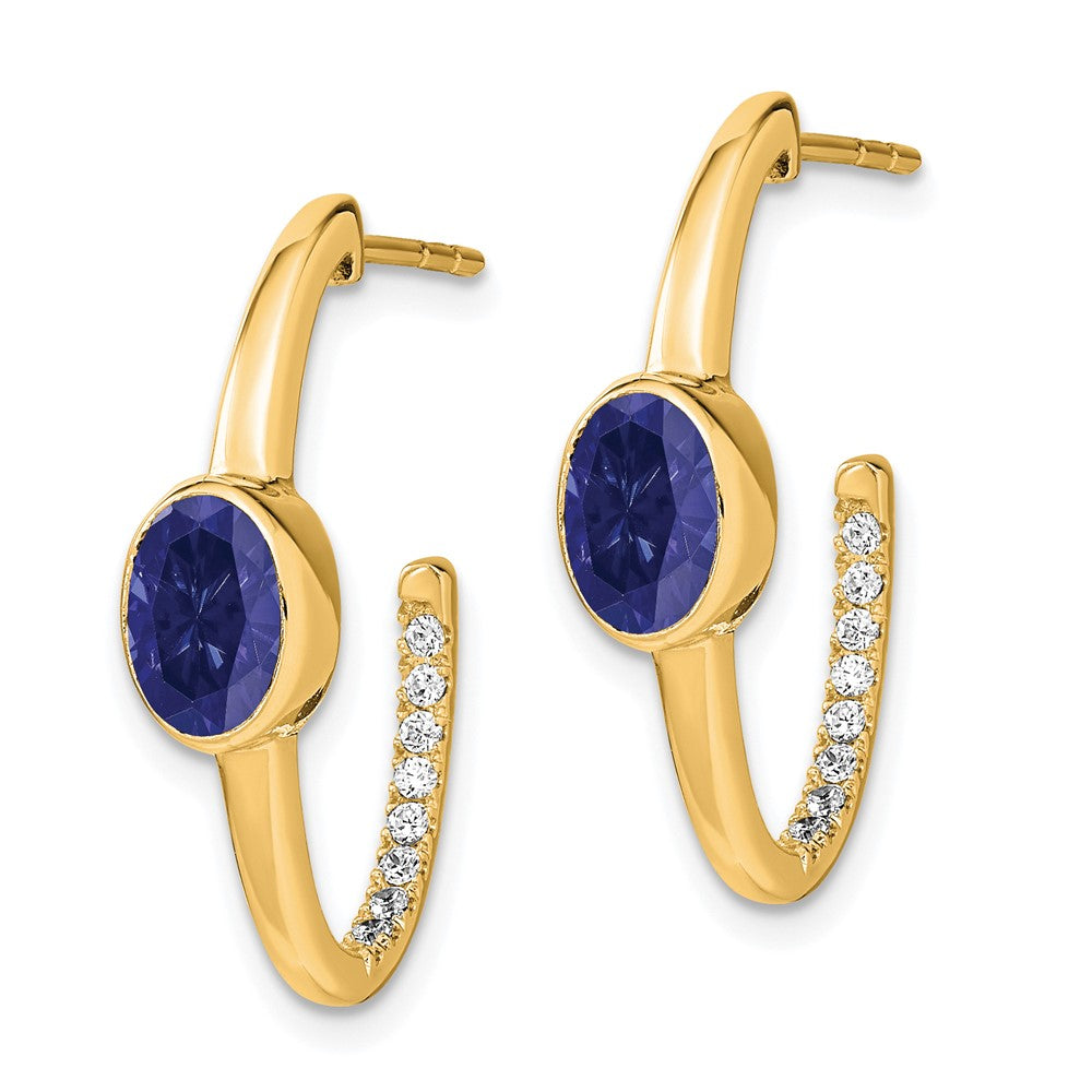 14K Gelbgold Ovale Synthetische-Saphir und Echte Diamant J-Creolen