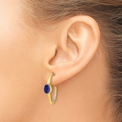 14K Gelbgold Ovale Synthetische-Saphir und Echte Diamant J-Creolen