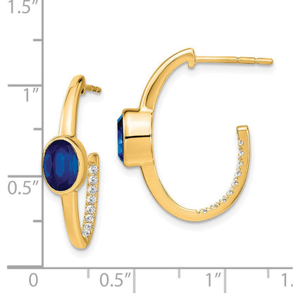 14K Gelbgold Ovale Synthetische-Saphir und Echte Diamant J-Creolen