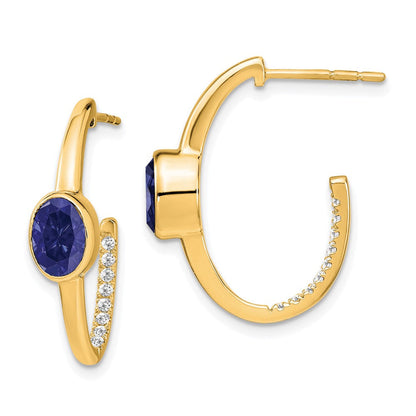 14K Gelbgold Ovale Synthetische-Saphir und Echte Diamant J-Creolen
