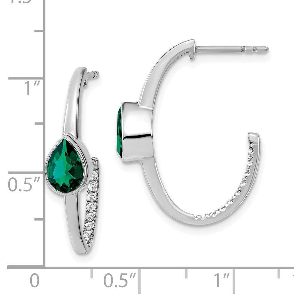 14K Weißgold Ohrringe mit birnenförmigem synthetischem Smaragd und echten Diamanten, J-Creolen