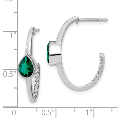 14K Weißgold Ohrringe mit birnenförmigem synthetischem Smaragd und echten Diamanten, J-Creolen