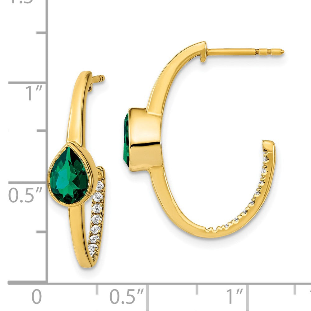 14K Gelbgold Creolen mit birnenförmigem synthetischem Smaragd und echten Diamanten, J-Form