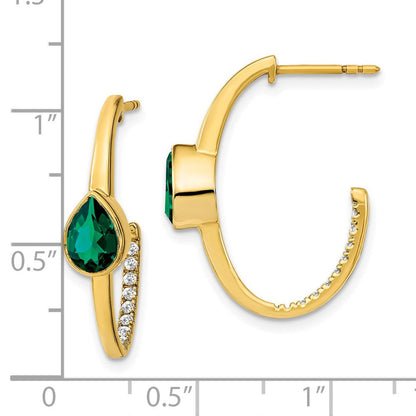 14K Gelbgold Creolen mit birnenförmigem synthetischem Smaragd und echten Diamanten, J-Form