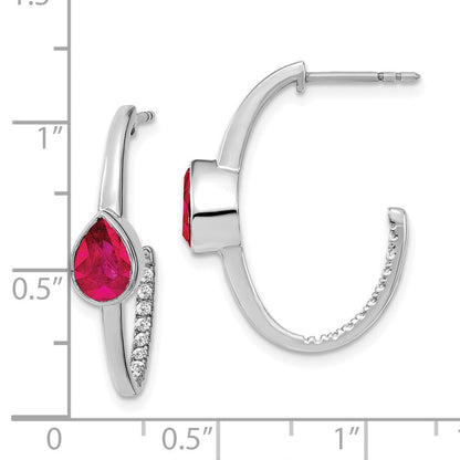 14K Weißgold Creolen mit birnenförmigem synthetischem Rubin und echten Diamanten