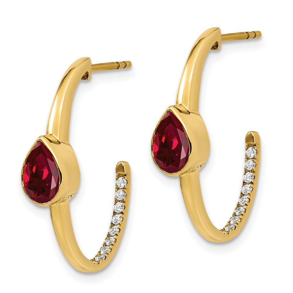 14K Gelbgold J-Creolen mit synthetischem Rubin im Birnenschliff und echtem Diamant
