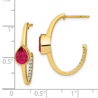 14K Gelbgold J-Creolen mit synthetischem Rubin im Birnenschliff und echtem Diamant