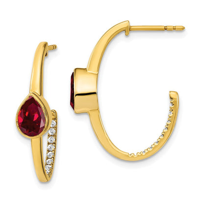 14K Gelbgold J-Creolen mit synthetischem Rubin im Birnenschliff und echtem Diamant