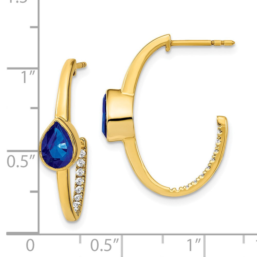 14K Gelbgold Creolen in J-Form mit tropfenförmigem synthetischem Saphir und echten Diamanten