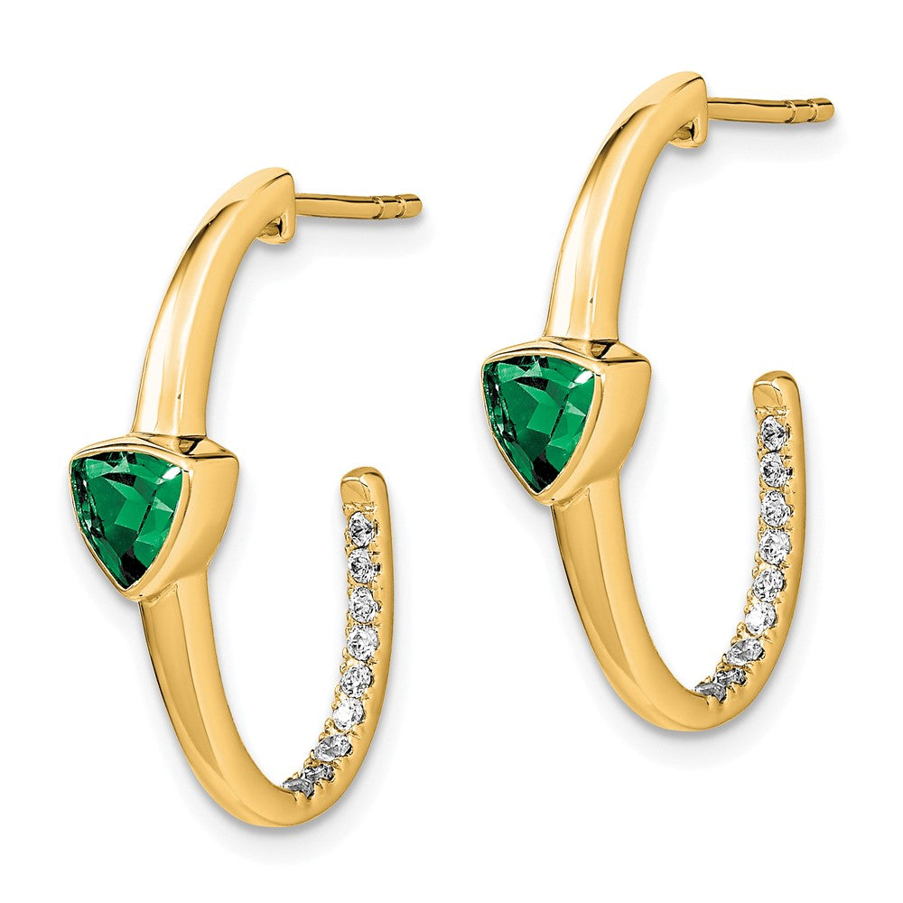 14K Gelbgold Ohrringe mit Trillion-Zuchtsmaragd und echten Diamanten, J-Creolen