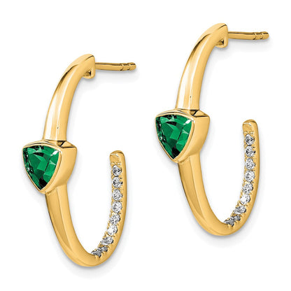14K Gelbgold Ohrringe mit Trillion-Zuchtsmaragd und echten Diamanten, J-Creolen