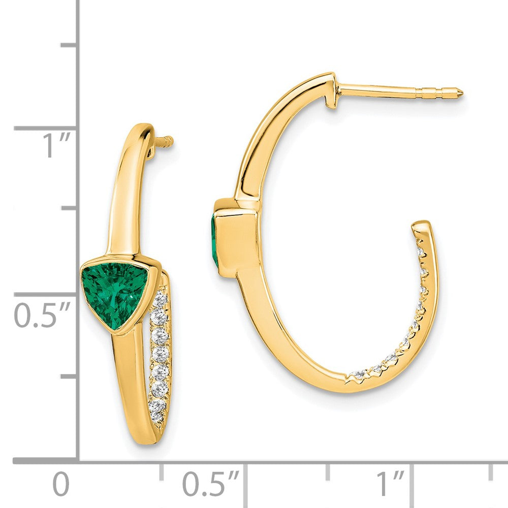 14K Gelbgold Ohrringe mit Trillion-Zuchtsmaragd und echten Diamanten, J-Creolen