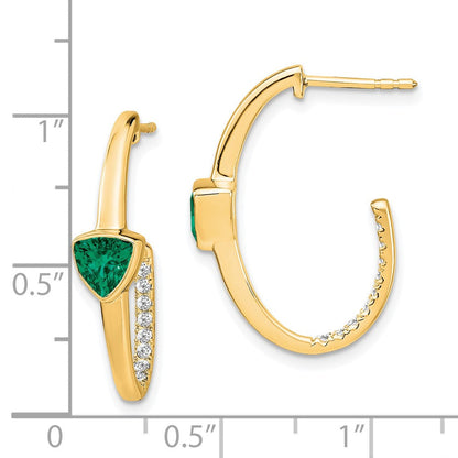 14K Gelbgold Ohrringe mit Trillion-Zuchtsmaragd und echten Diamanten, J-Creolen