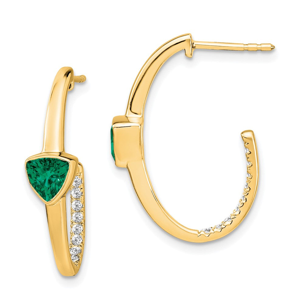 14K Gelbgold Ohrringe mit Trillion-Zuchtsmaragd und echten Diamanten, J-Creolen