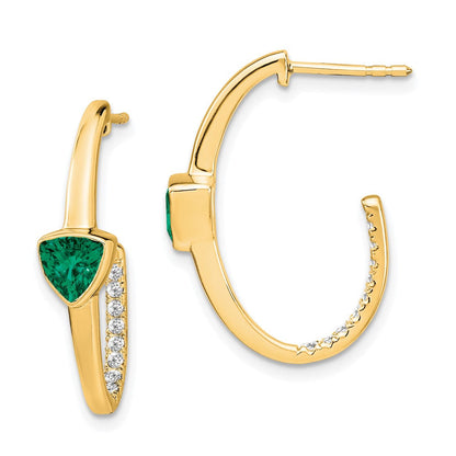 14K Gelbgold Ohrringe mit Trillion-Zuchtsmaragd und echten Diamanten, J-Creolen
