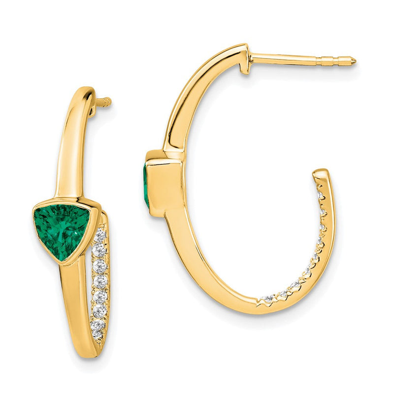 14K Gelbgold Ohrringe mit Trillion-Zuchtsmaragd und echten Diamanten, J-Creolen