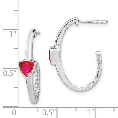 14K Weißgold Trillion-Ohrringe mit gezüchtetem Rubin und echten Diamanten, J-Creolen