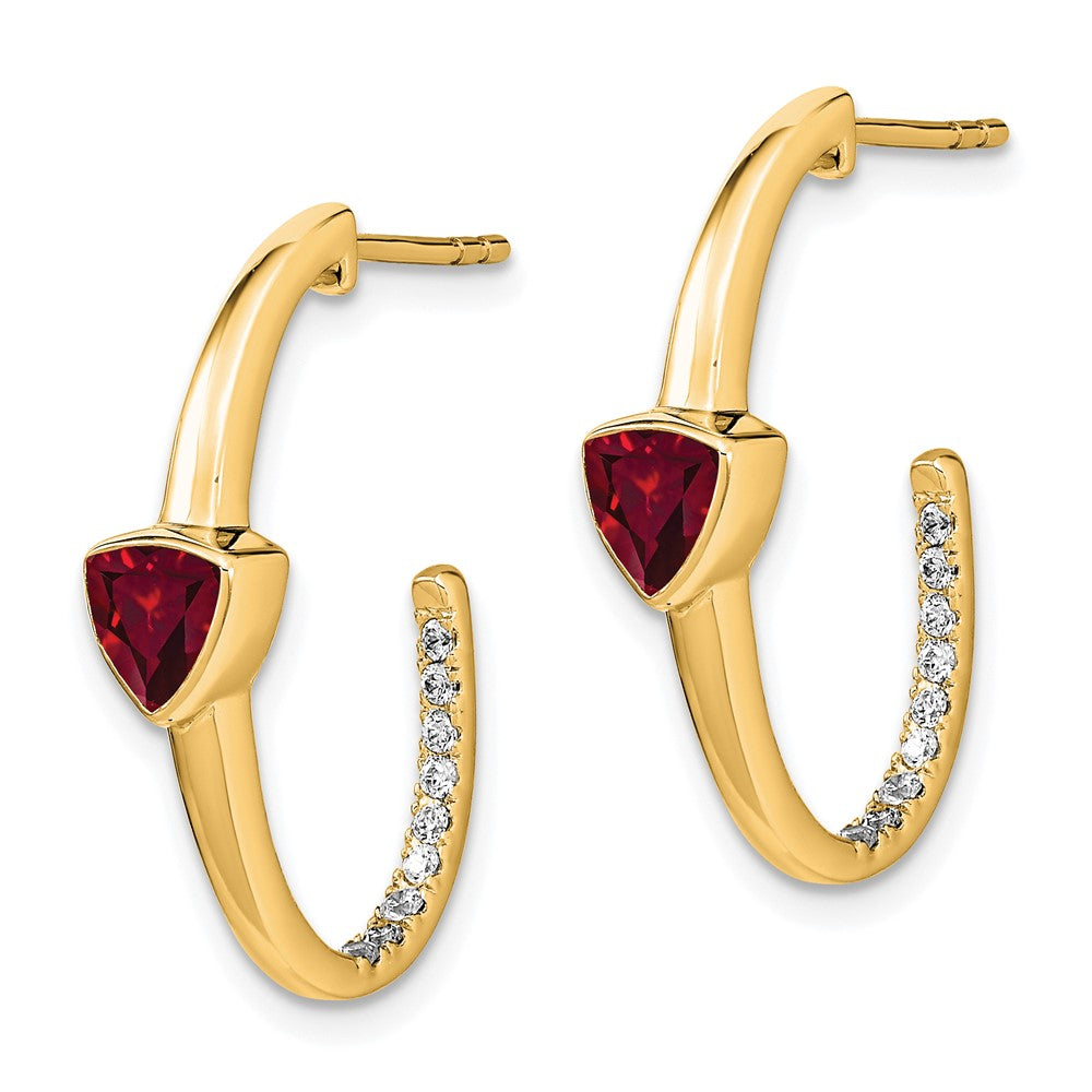 14K Gelbgold Ohrringe mit Trillion-Rubin (synthetisch) und echten Diamanten, J-Creolen