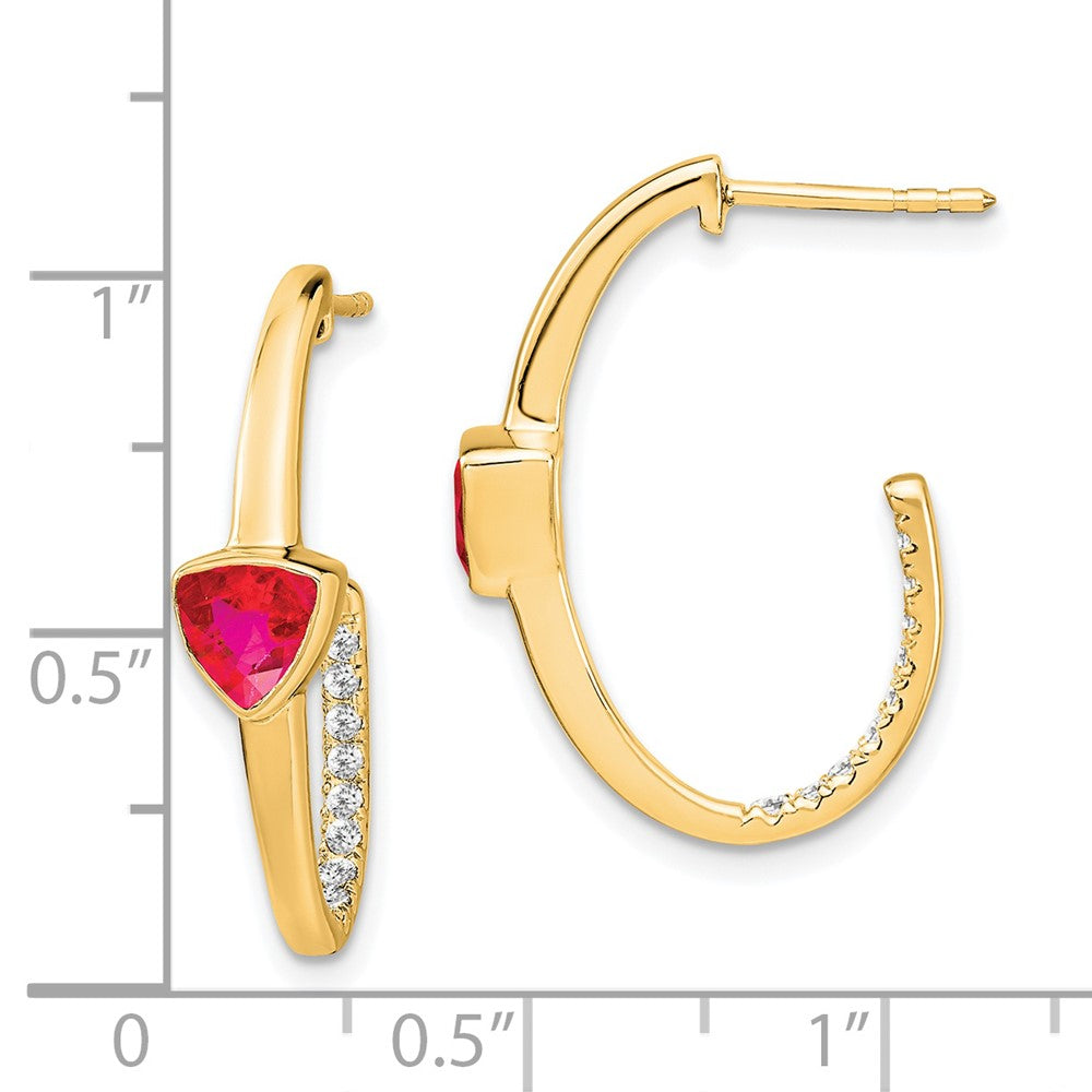 14K Gelbgold Ohrringe mit Trillion-Rubin (synthetisch) und echten Diamanten, J-Creolen