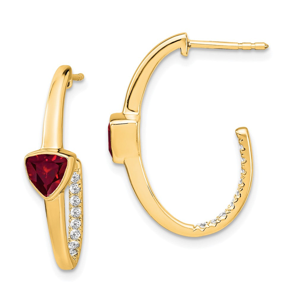 14K Gelbgold Ohrringe mit Trillion-Rubin (synthetisch) und echten Diamanten, J-Creolen