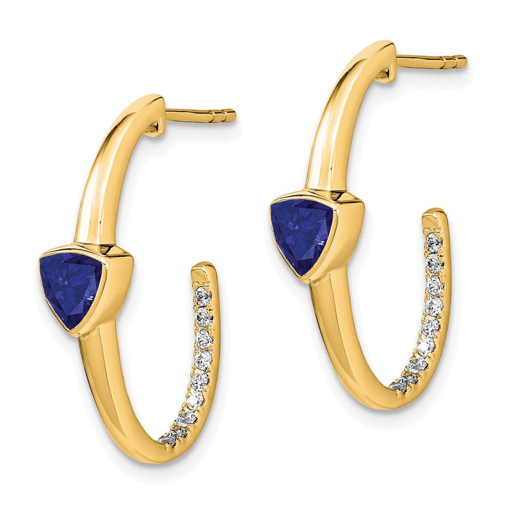 14K Gelbgold J-Creolen mit synthetischem Trillant-Saphir und echtem Diamant