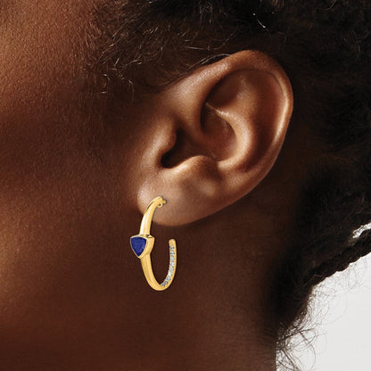 14K Gelbgold J-Creolen mit synthetischem Trillant-Saphir und echtem Diamant