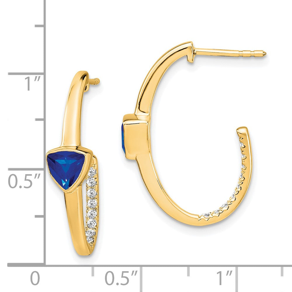 14K Gelbgold J-Creolen mit synthetischem Trillant-Saphir und echtem Diamant