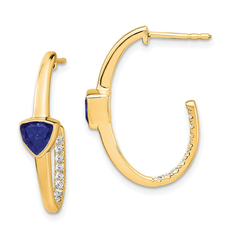 14K Gelbgold J-Creolen mit synthetischem Trillant-Saphir und echtem Diamant