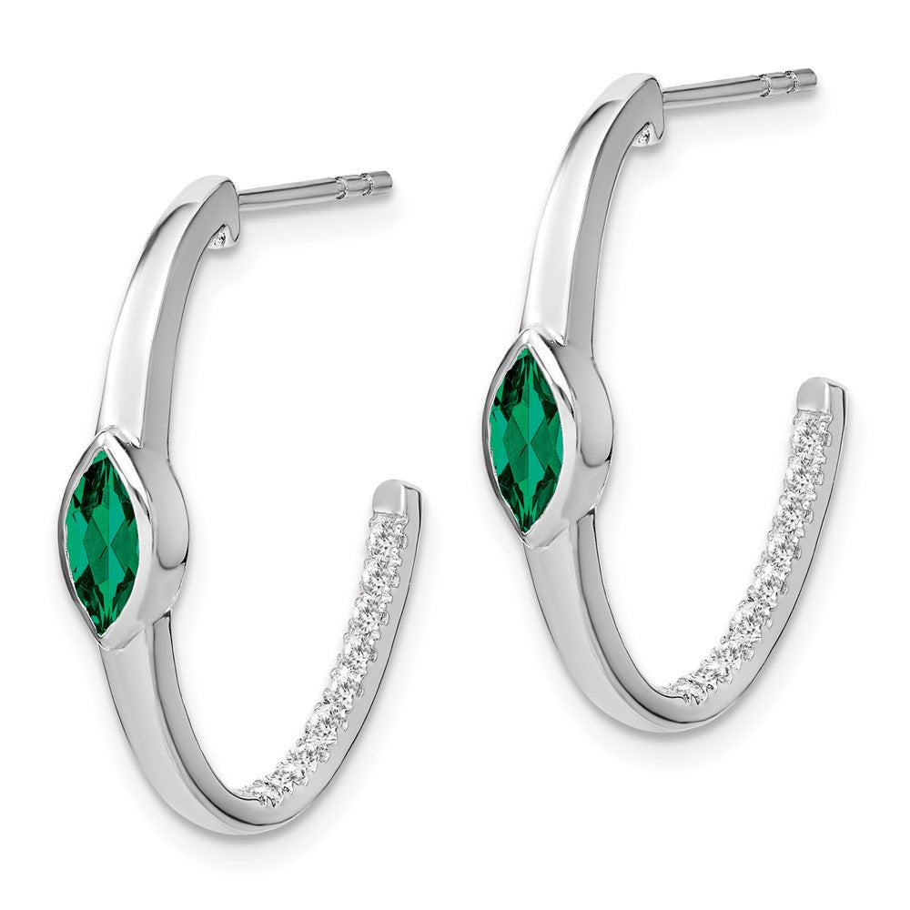 14K Weißgold Ohrringe mit Diamant und marquiseförmigem synthetischem Smaragd, J-Creolen