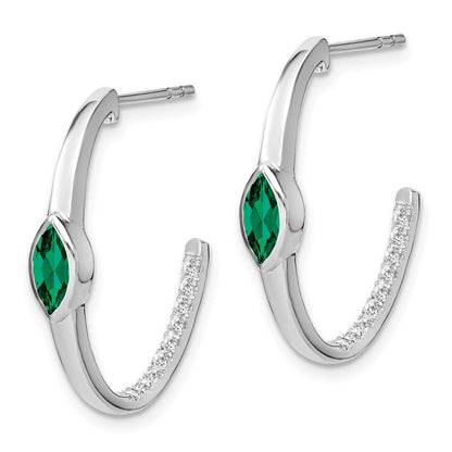 14K Weißgold Ohrringe mit Diamant und marquiseförmigem synthetischem Smaragd, J-Creolen