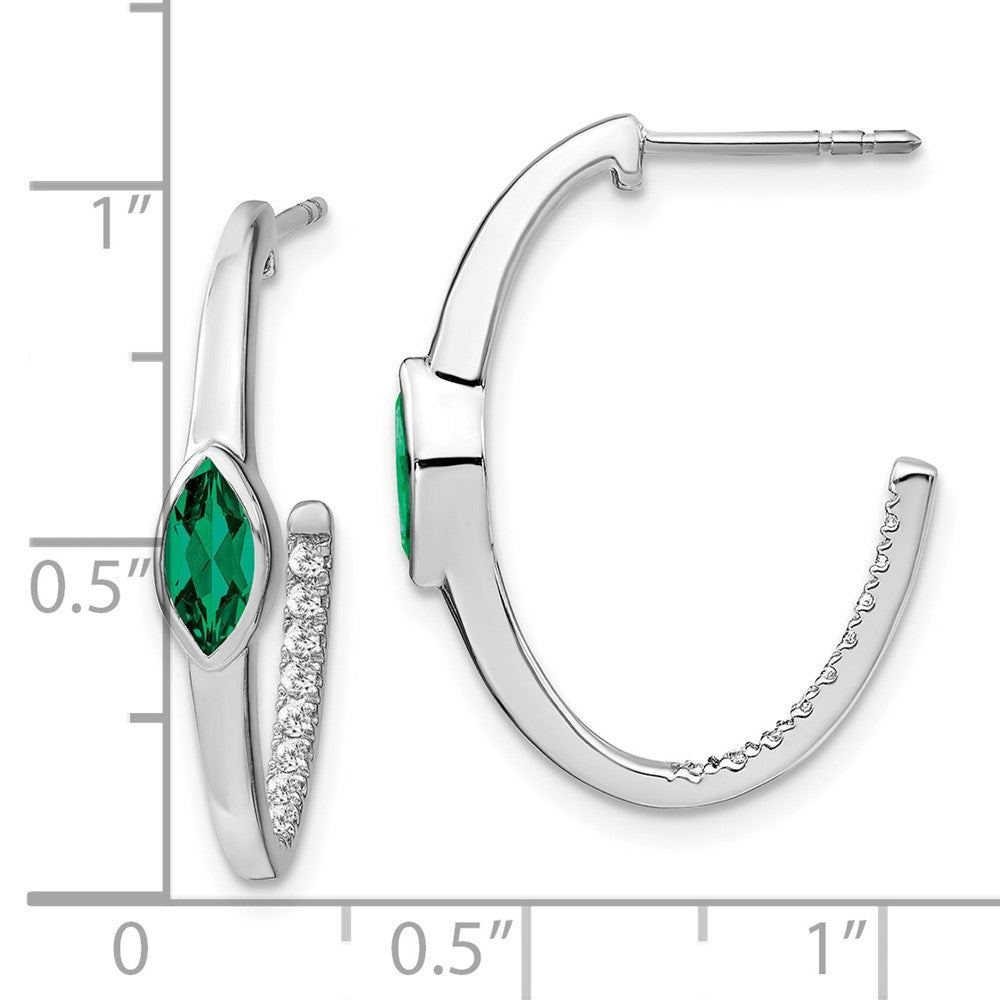 14K Weißgold Ohrringe mit Diamant und marquiseförmigem synthetischem Smaragd, J-Creolen