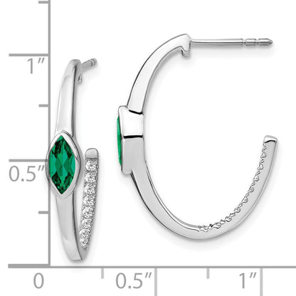 14K Weißgold Ohrringe mit Diamant und marquiseförmigem synthetischem Smaragd, J-Creolen