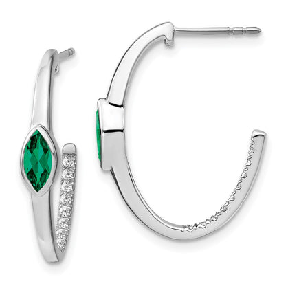 14K Weißgold Ohrringe mit Diamant und marquiseförmigem synthetischem Smaragd, J-Creolen