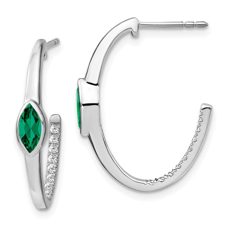 14K Weißgold Ohrringe mit Diamant und marquiseförmigem synthetischem Smaragd, J-Creolen