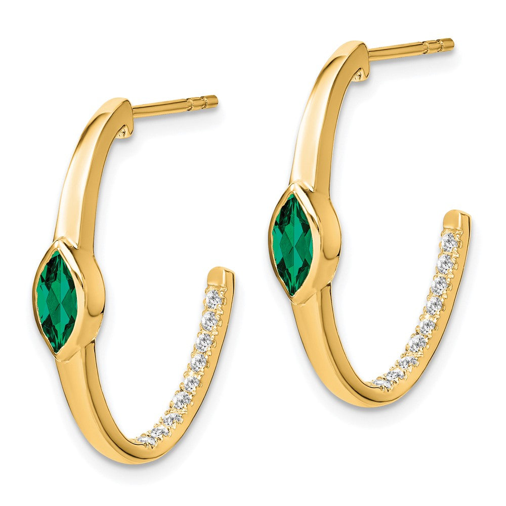 14K Gelbgold Marquise-Ohrringe mit gezüchtetem Smaragd und echten Diamanten, J-Creolen