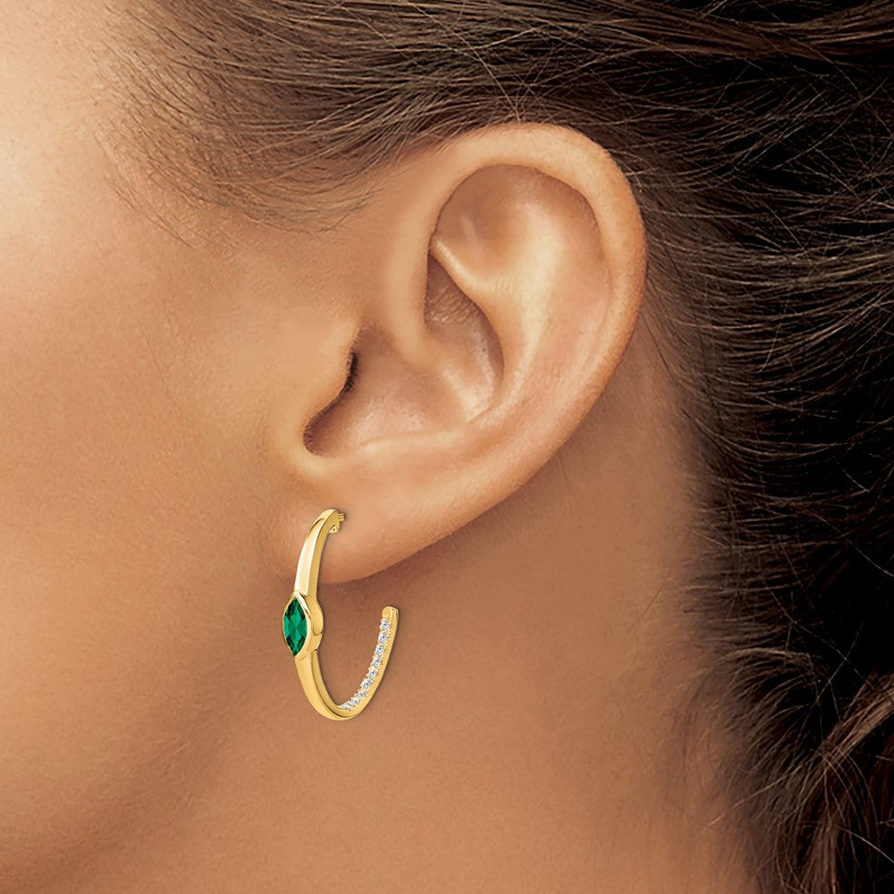14K Gelbgold Marquise-Ohrringe mit gezüchtetem Smaragd und echten Diamanten, J-Creolen