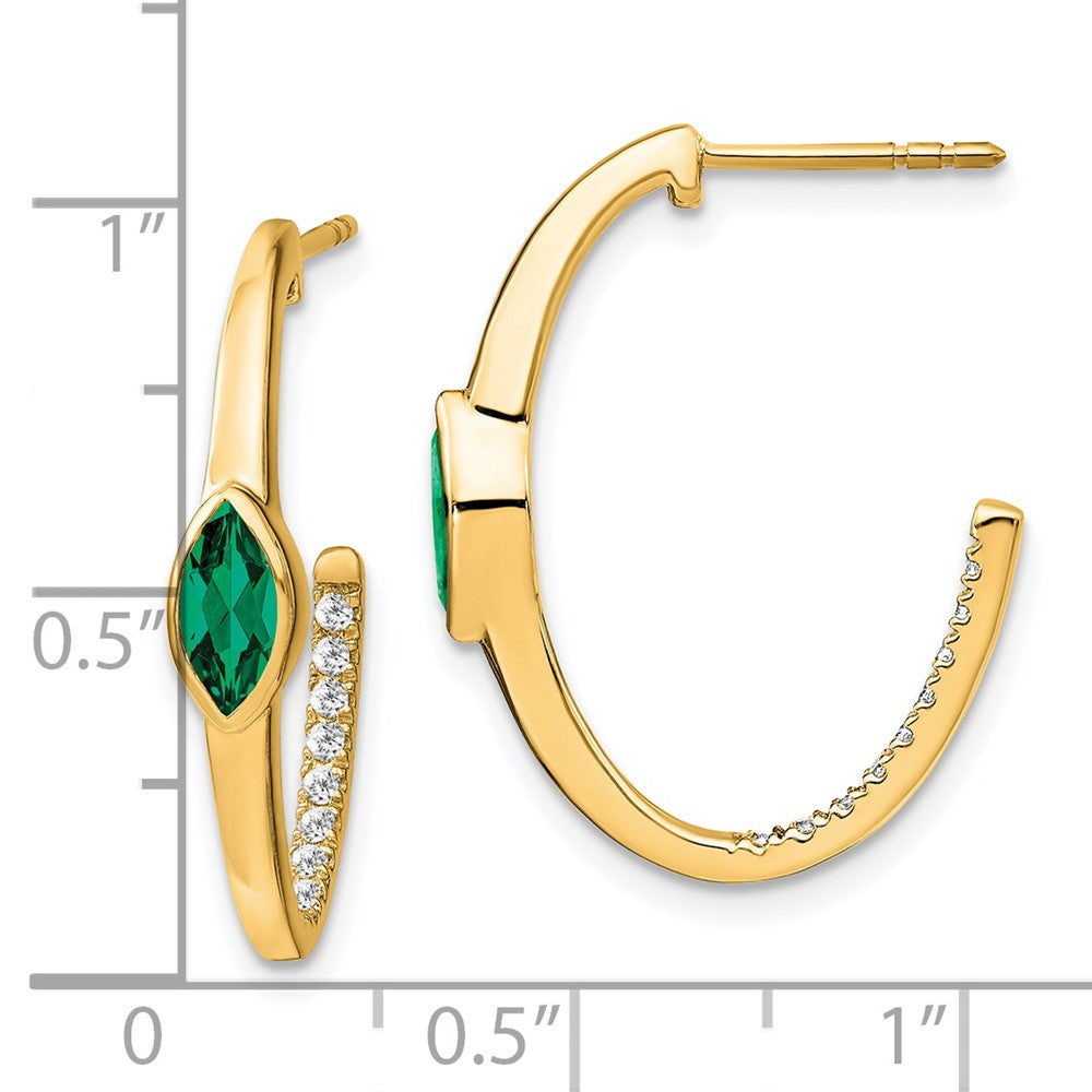 14K Gelbgold Marquise-Ohrringe mit gezüchtetem Smaragd und echten Diamanten, J-Creolen