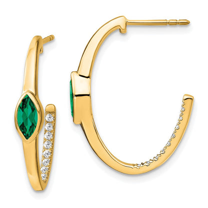 14K Gelbgold Marquise-Ohrringe mit gezüchtetem Smaragd und echten Diamanten, J-Creolen