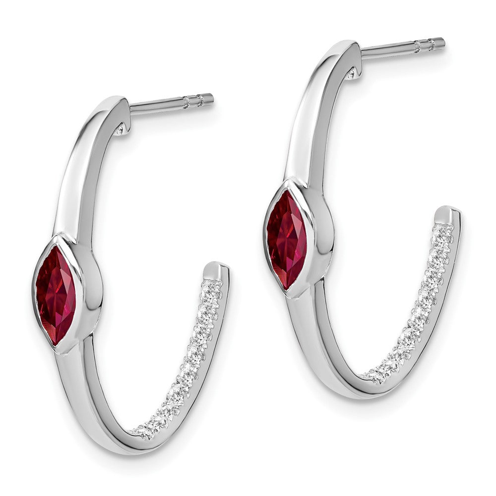 14K Weißgold Ohrringe mit Marquise-Rubin (synthetisch) und echten Diamanten, J-Creolen