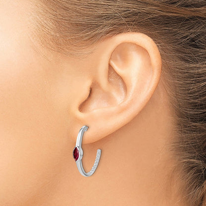 14K Weißgold Ohrringe mit Marquise-Rubin (synthetisch) und echten Diamanten, J-Creolen