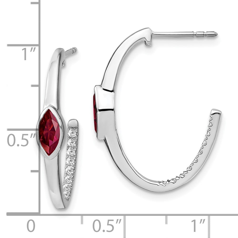14K Weißgold Ohrringe mit Marquise-Rubin (synthetisch) und echten Diamanten, J-Creolen